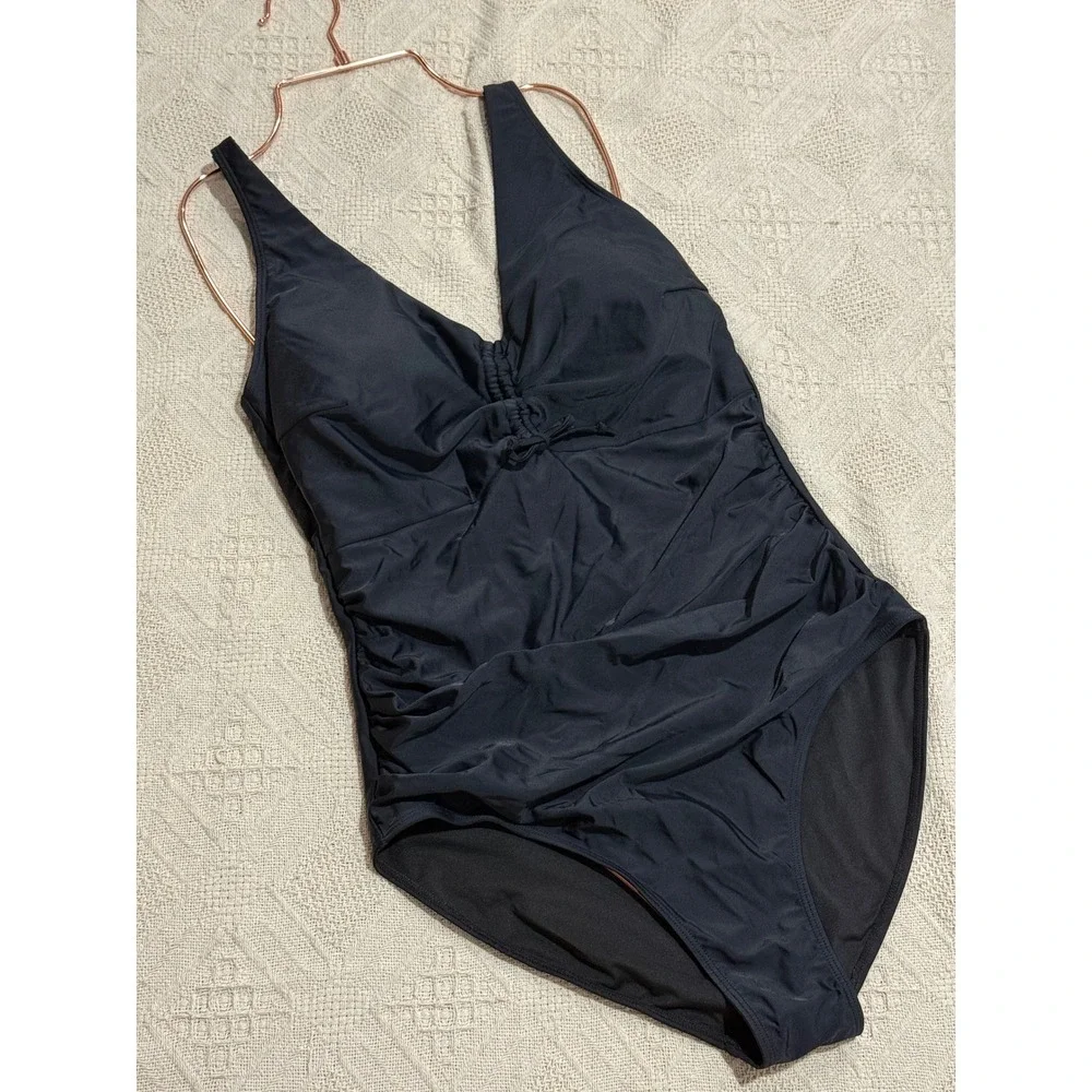 B2PRITY Black One‎ Piece Swimsuit Ruched V Neck Tummy Control Bathing Suit XL